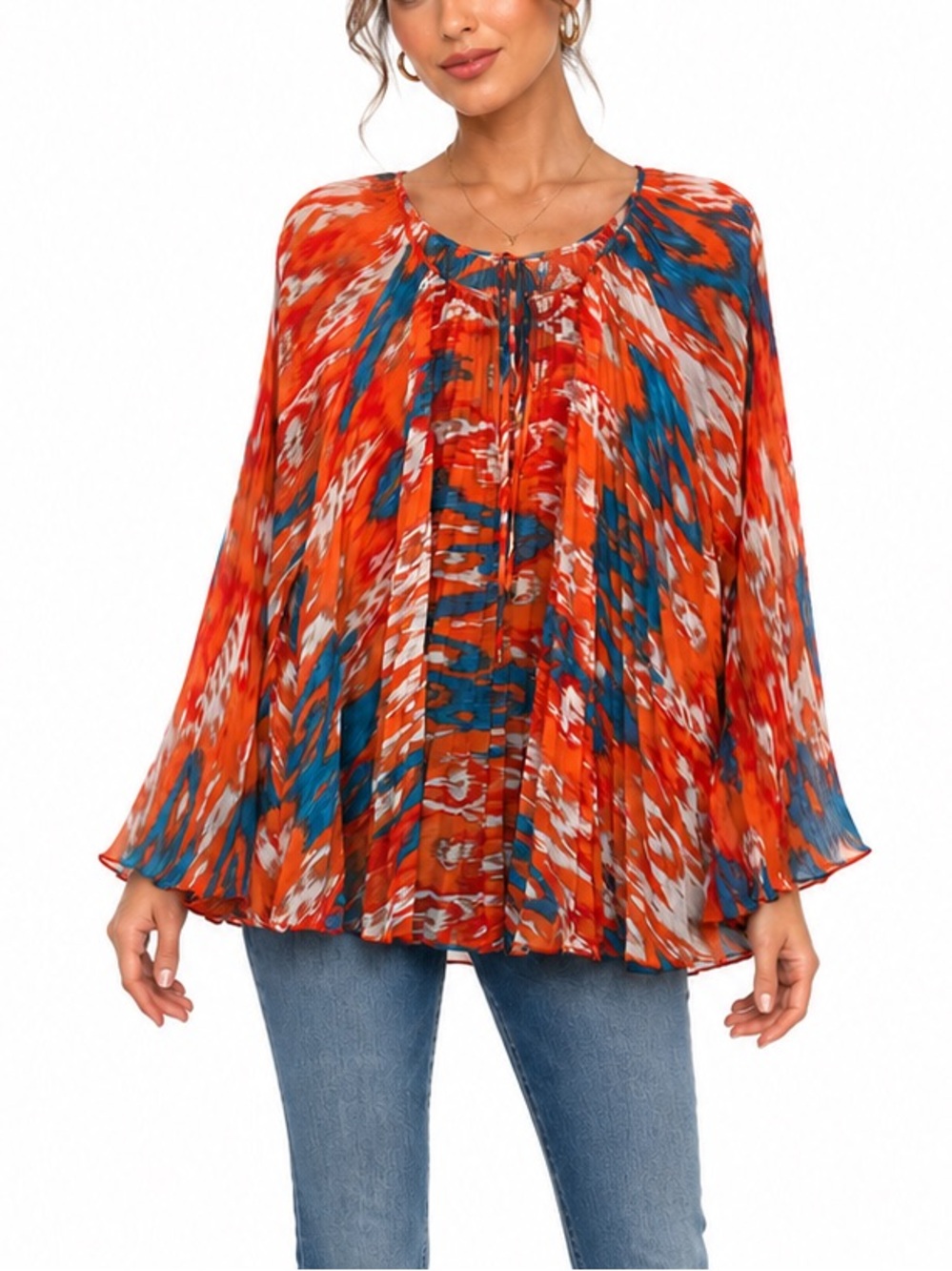 Michael Kors Orange Blue Abstract Print Pleated Peasant Blouse Bell Sleeve Top L